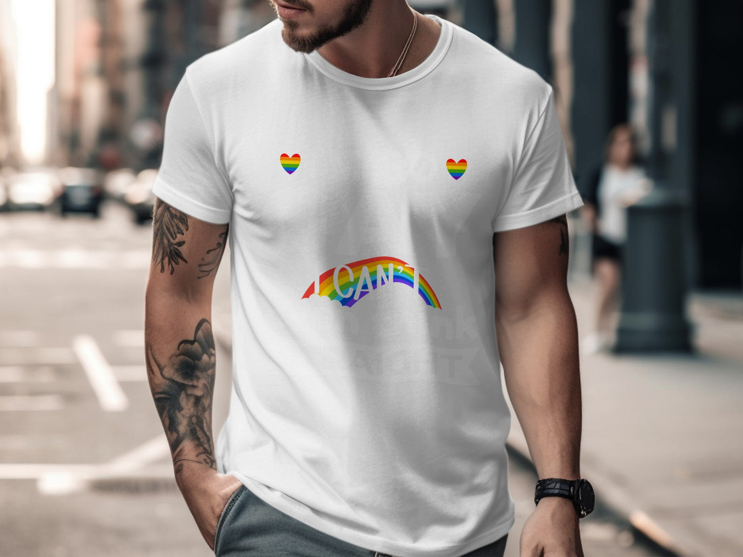White t-shirt with rainbow hearts and rainbow text "I CAN THINK IT".