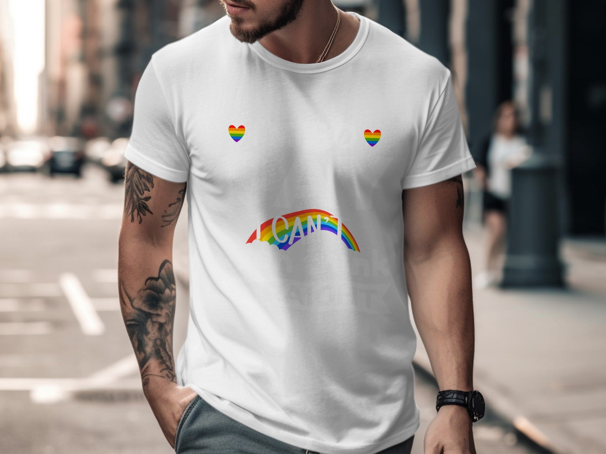 White t-shirt with rainbow hearts and rainbow text "I CAN THINK IT".