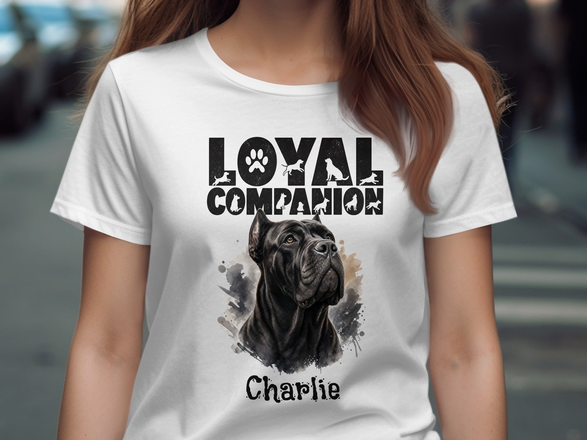 White t-shirt with black "Loyal Companion" text and a black Cane Corso named Charlie.