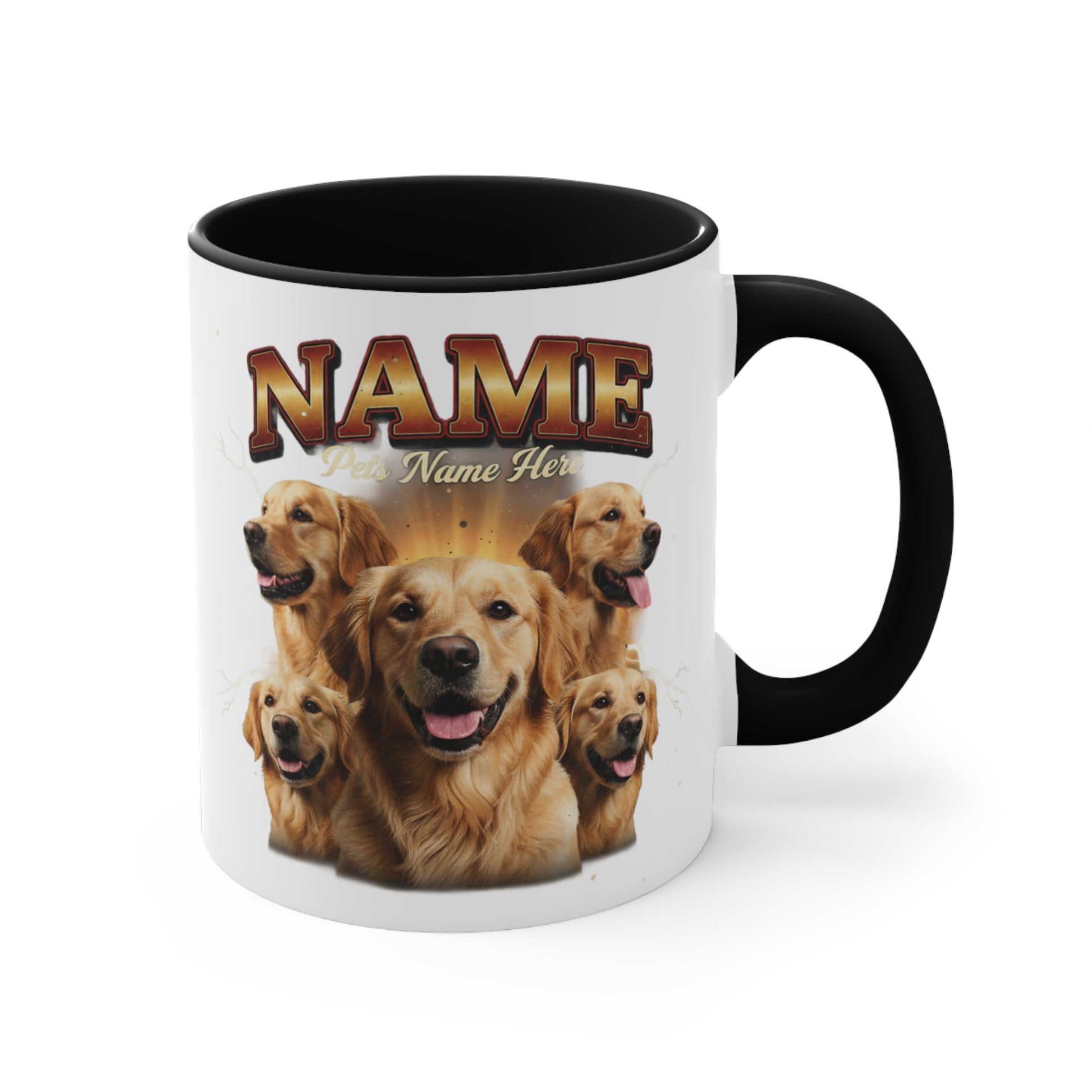 Golden Retriever dog faces with "NAME" and "Pets Name Here" text.