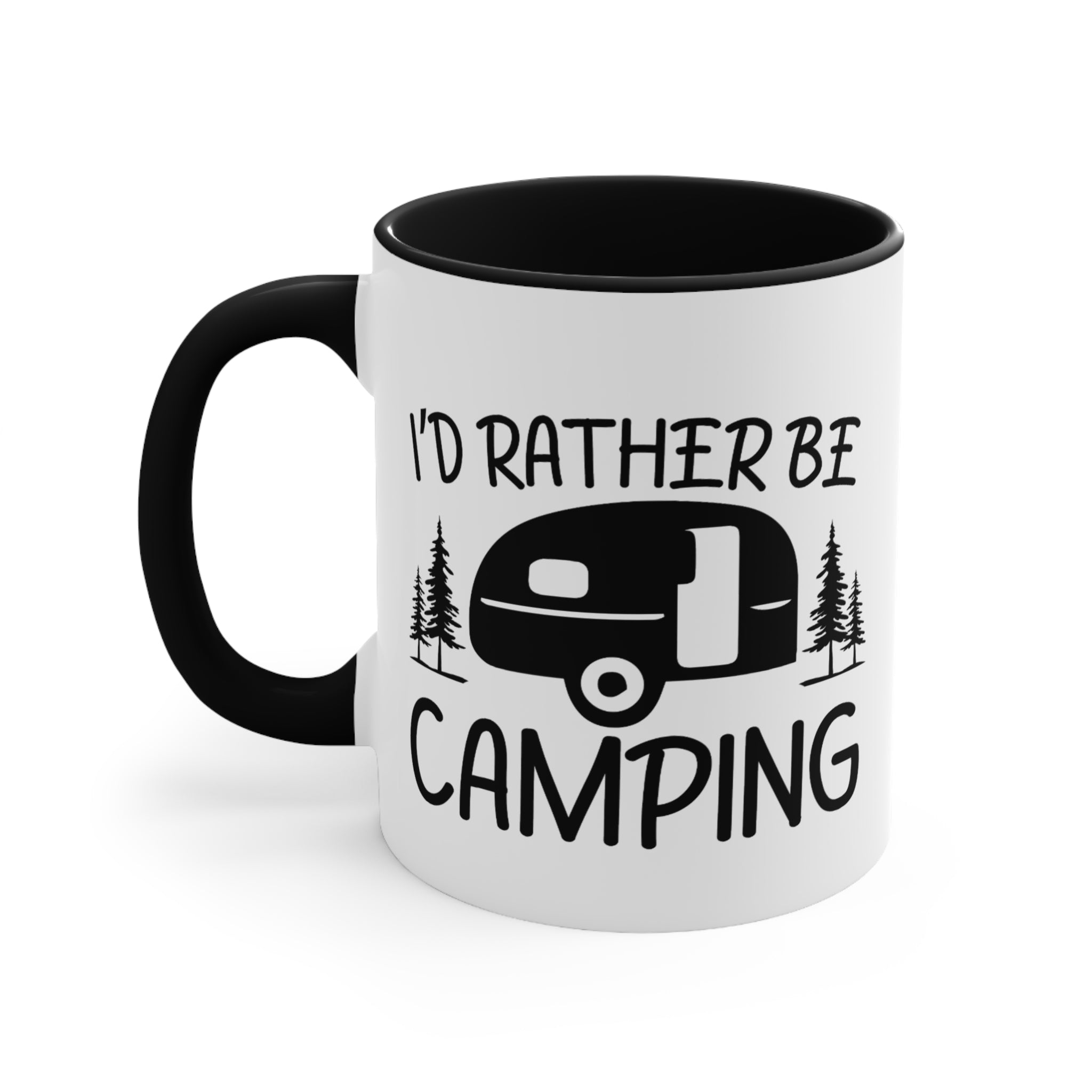 White mug with "I'd rather be camping" text, a camper, and trees.
