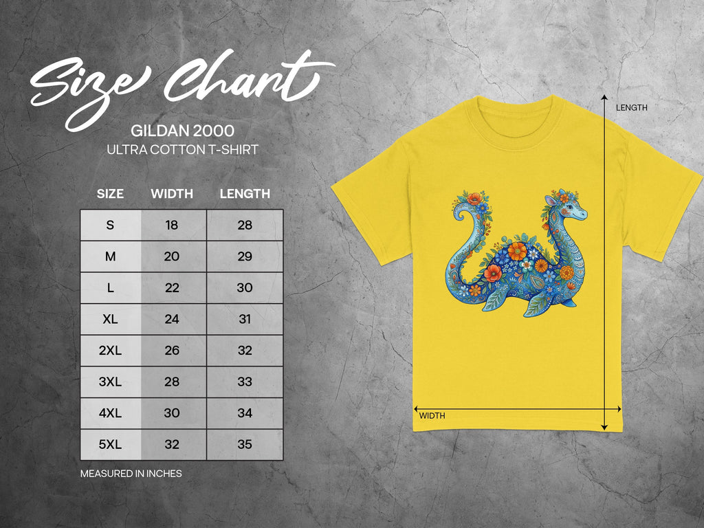 Gildan 2000 Ultra Cotton t-shirt size chart with measurements in inches.