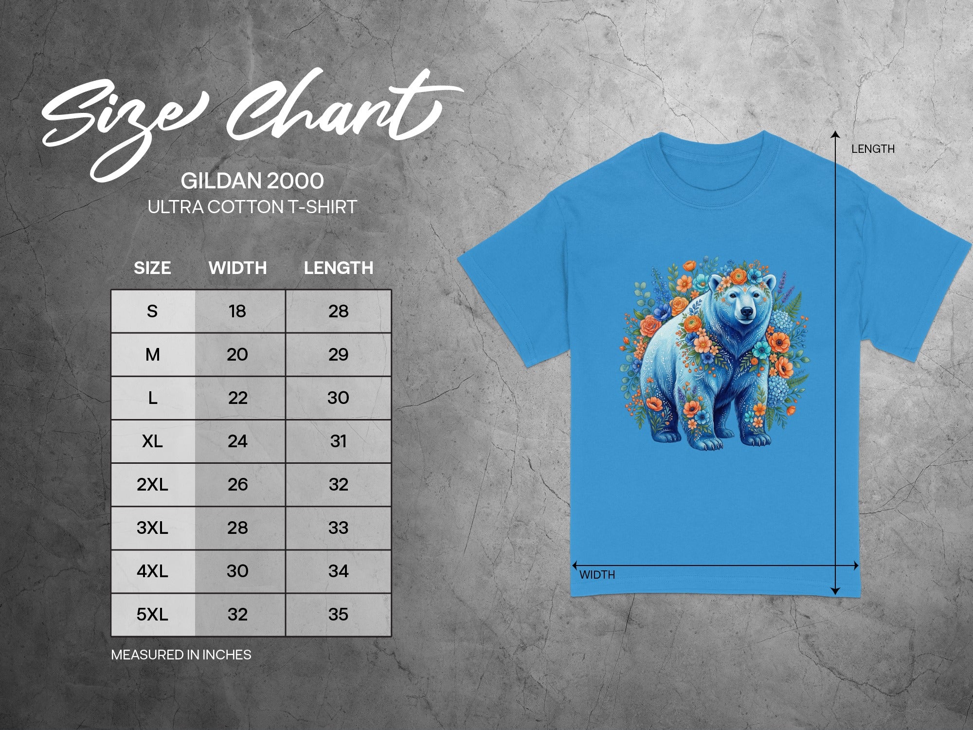 Gildan 2000 T-shirt size chart for ultra cotton shirts with floral bear graphic.