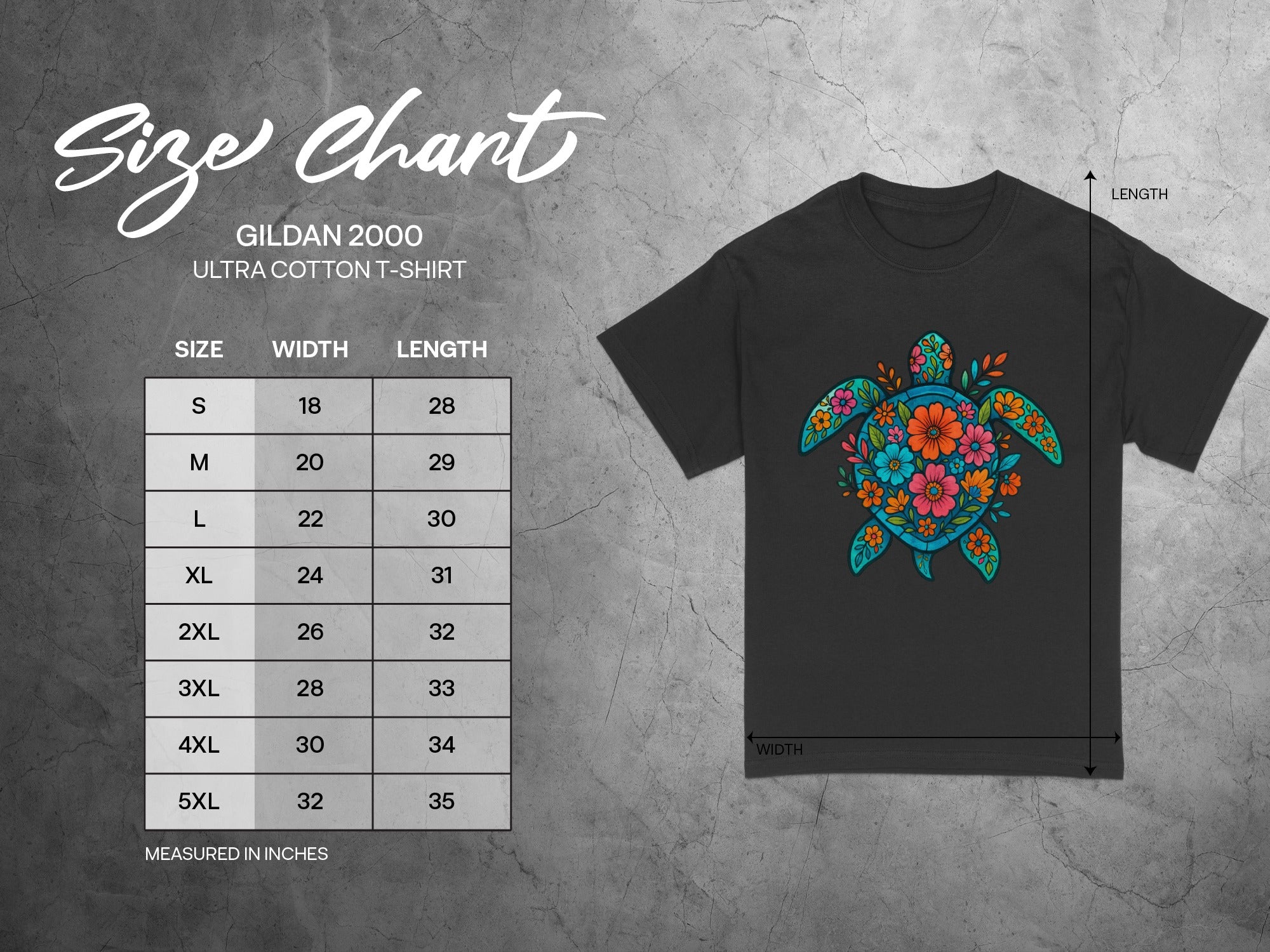 Gildan 2000 t-shirt size chart with measurements and floral sea turtle graphic.