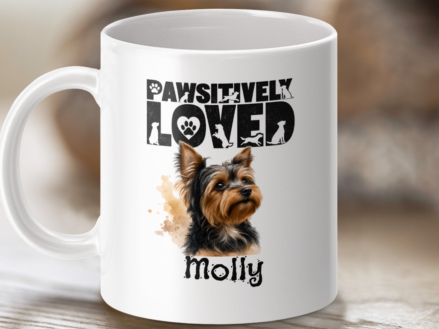 White mug with Yorkshire Terrier named Molly and "Pawsitively Loved" text.