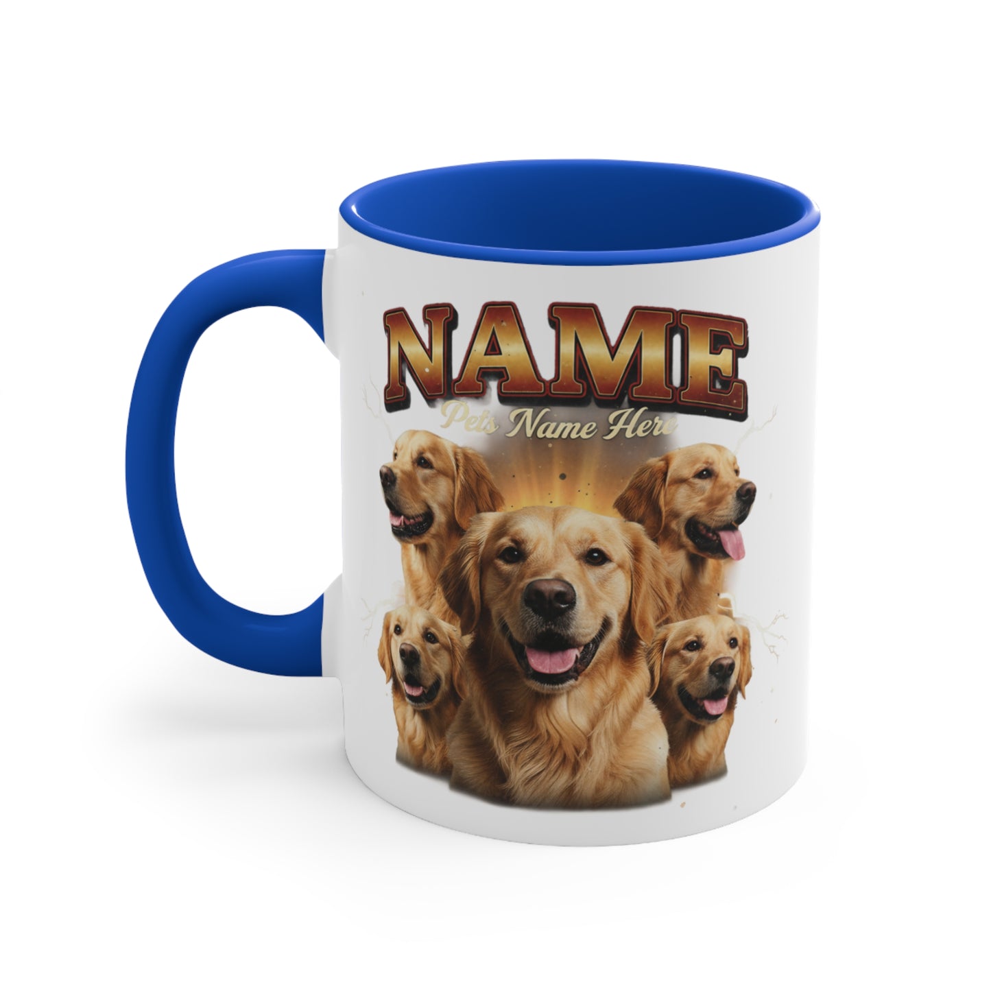 Golden Retriever collage mug with personalized text on white and blue mug.