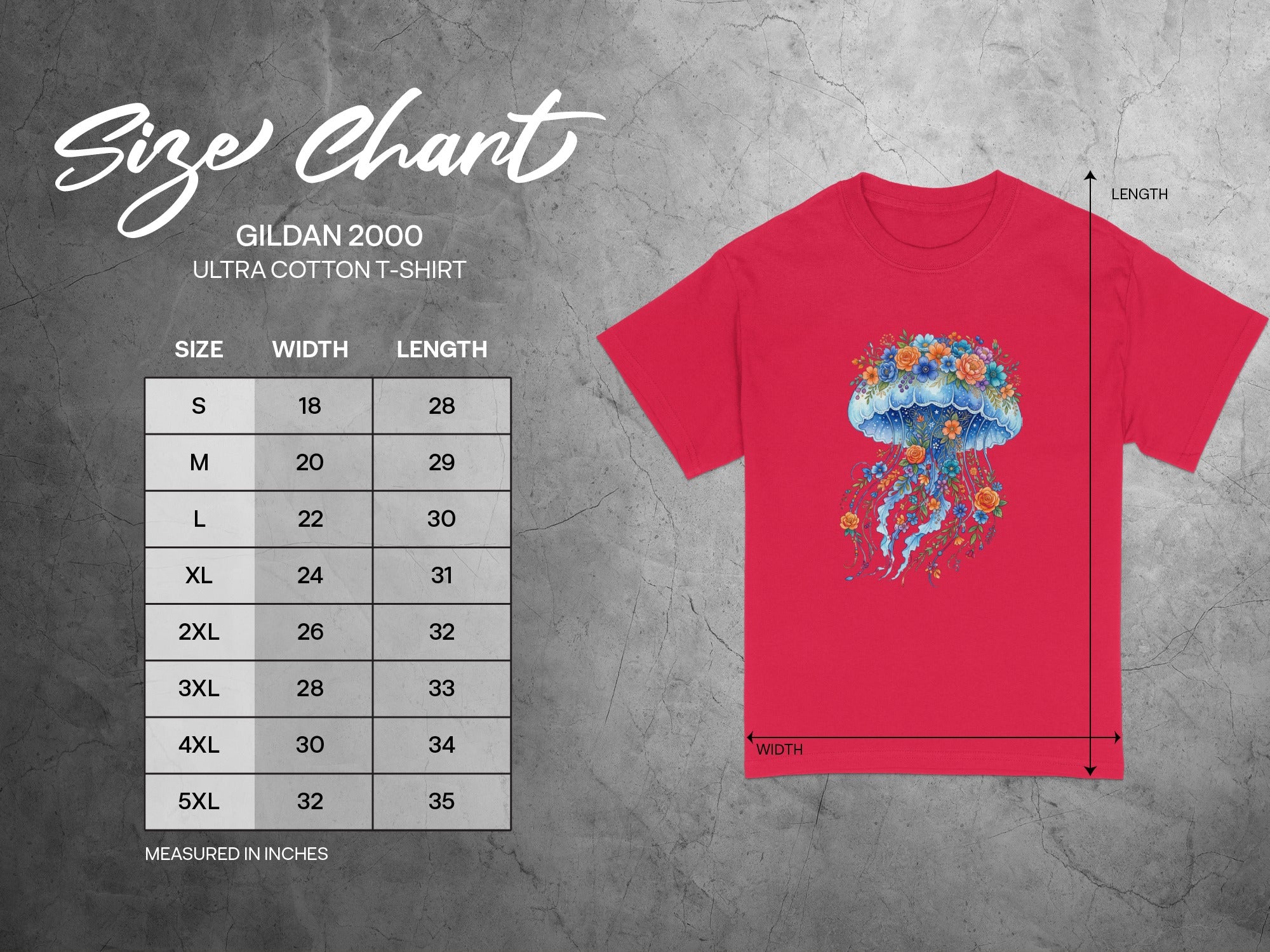 Gildan 2000 Ultra Cotton T-Shirt size chart with a floral jellyfish graphic.