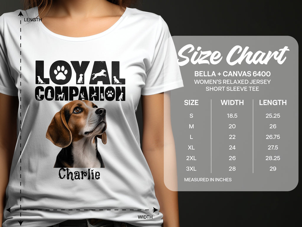 White t-shirt with "Loyal Companion" text and beagle dog graphic, alongside size chart.