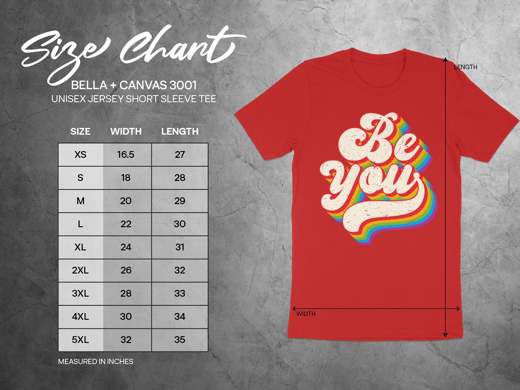 Size chart for BELLA + CANVAS 3001 unisex jersey tee, with width and length in inches.