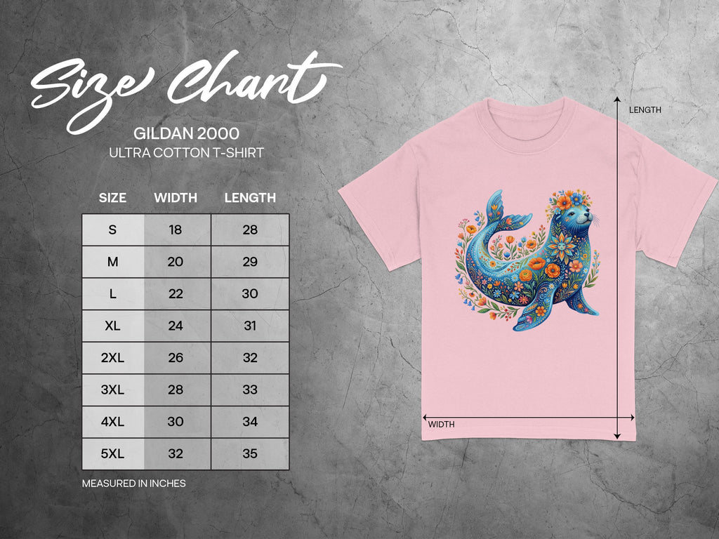Gildan 2000 Ultra Cotton t-shirt size chart with measurements in inches.