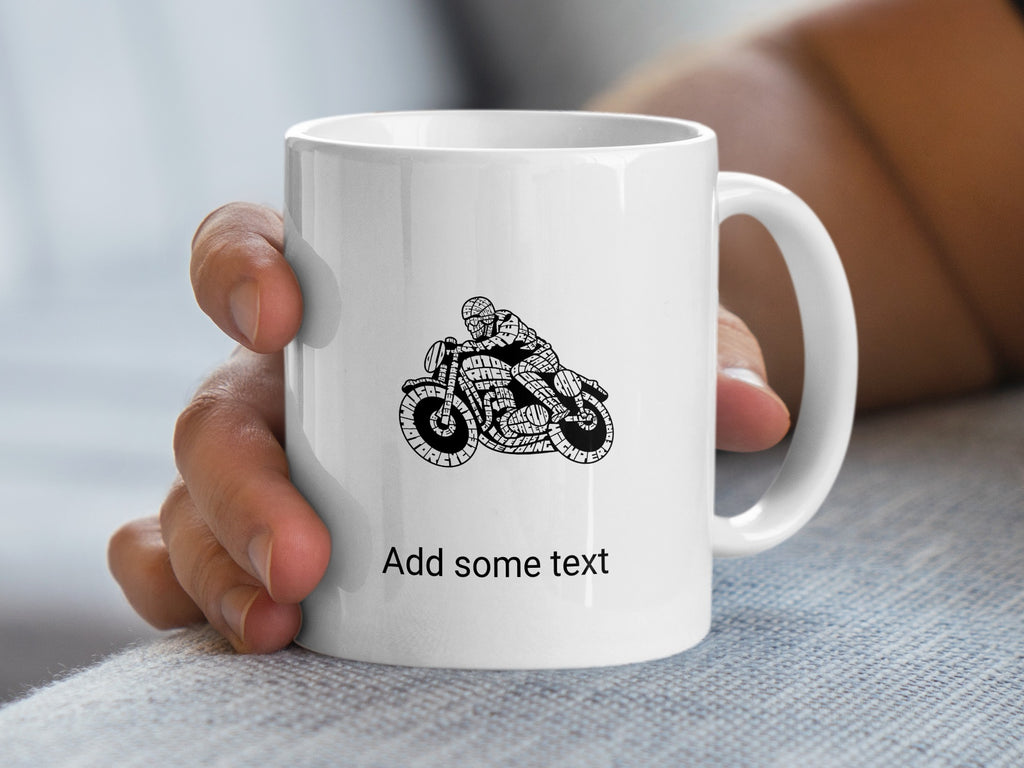 White mug with a motorcycle illustration and "Add some text" below.