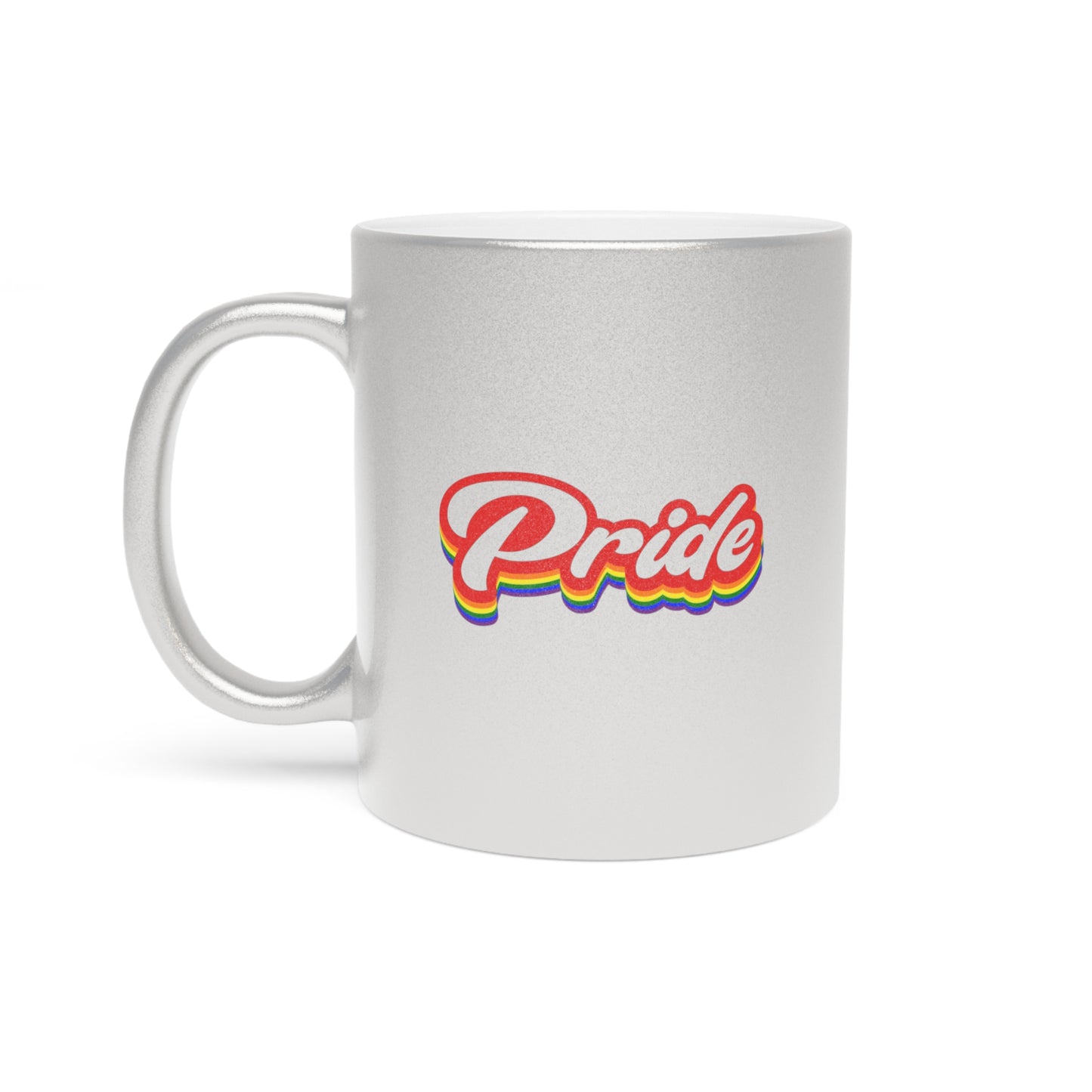 Silver mug with rainbow "Pride" text and a white background.