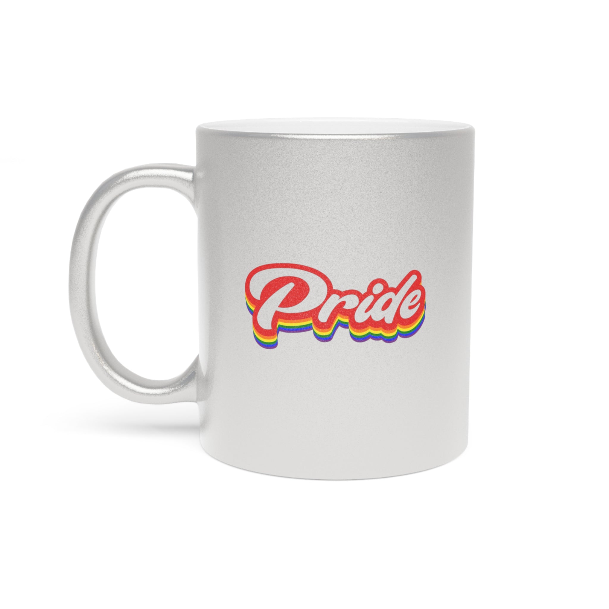 Silver mug with rainbow "Pride" text and a white background.