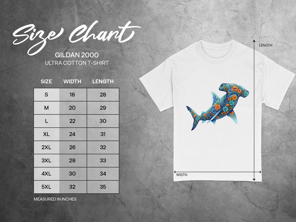 Gildan 2000 Ultra Cotton t-shirt size chart with measurements in inches.