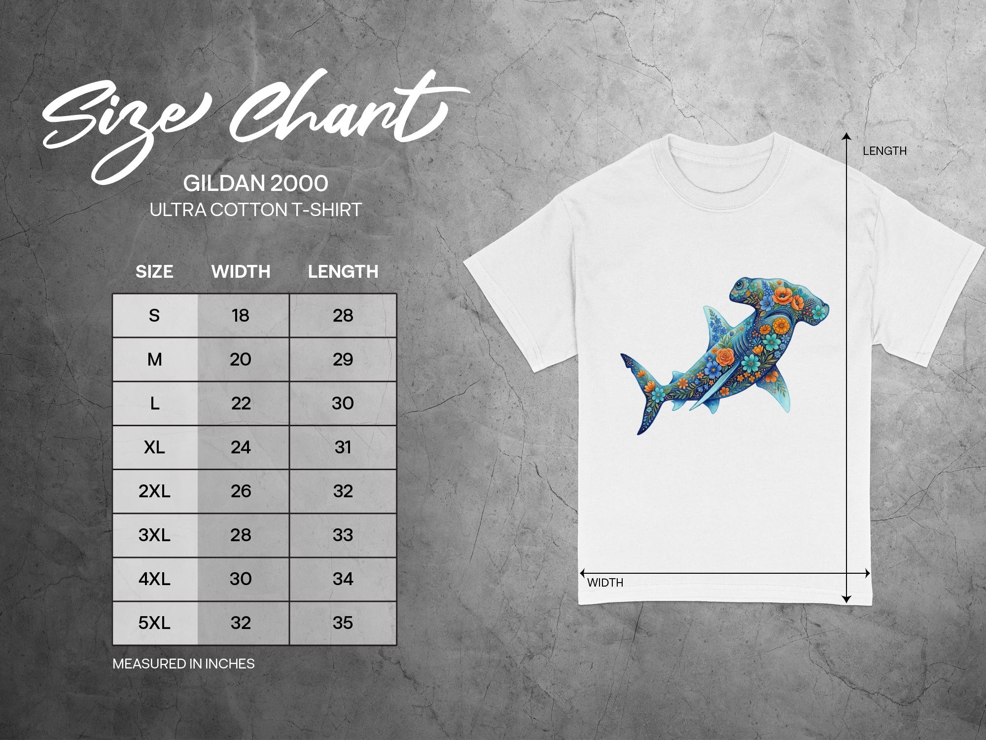 Gildan 2000 Ultra Cotton t-shirt size chart with measurements in inches.