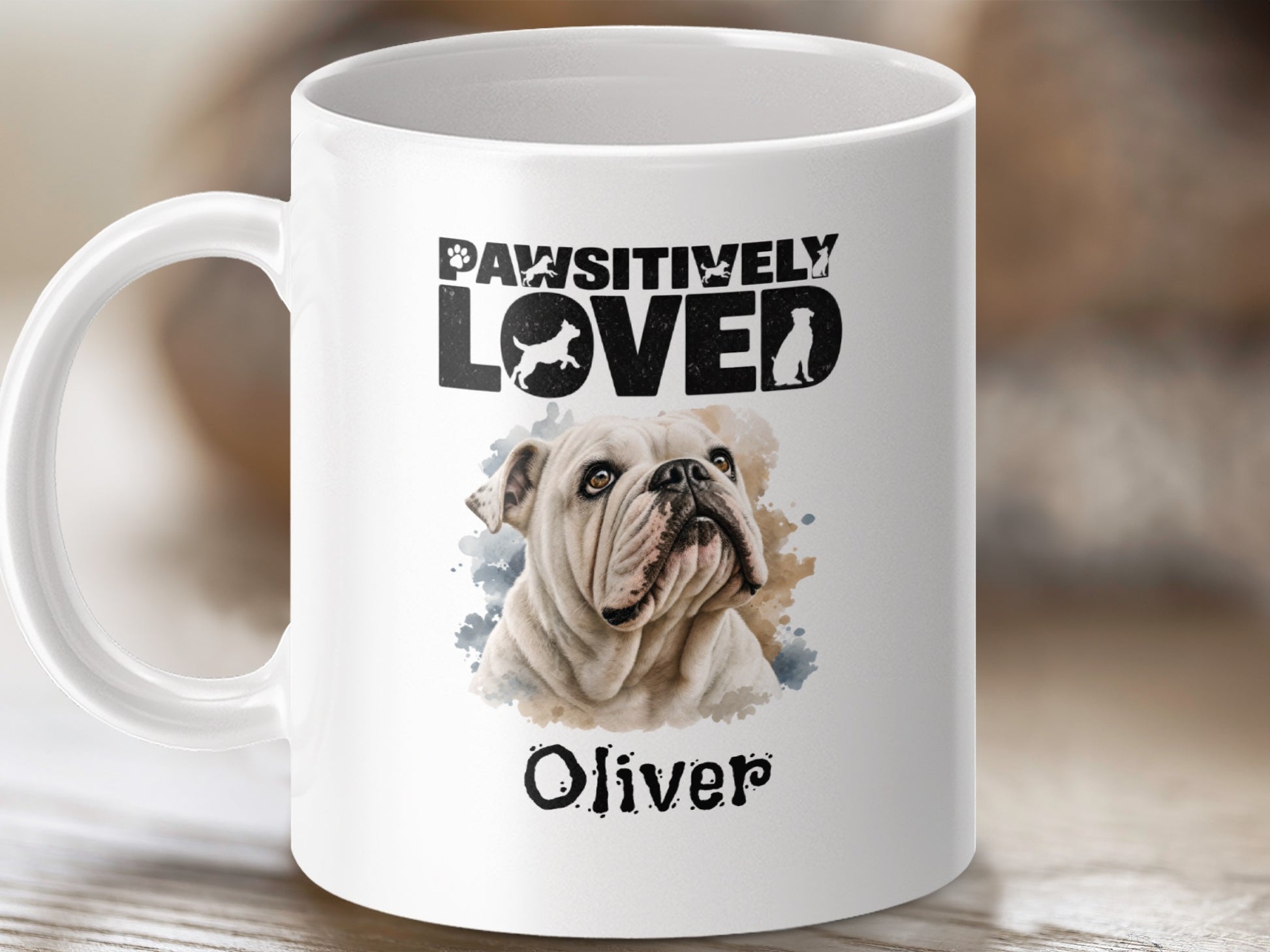Mug with bulldog portrait and text "Pawsitively Loved Oliver".
