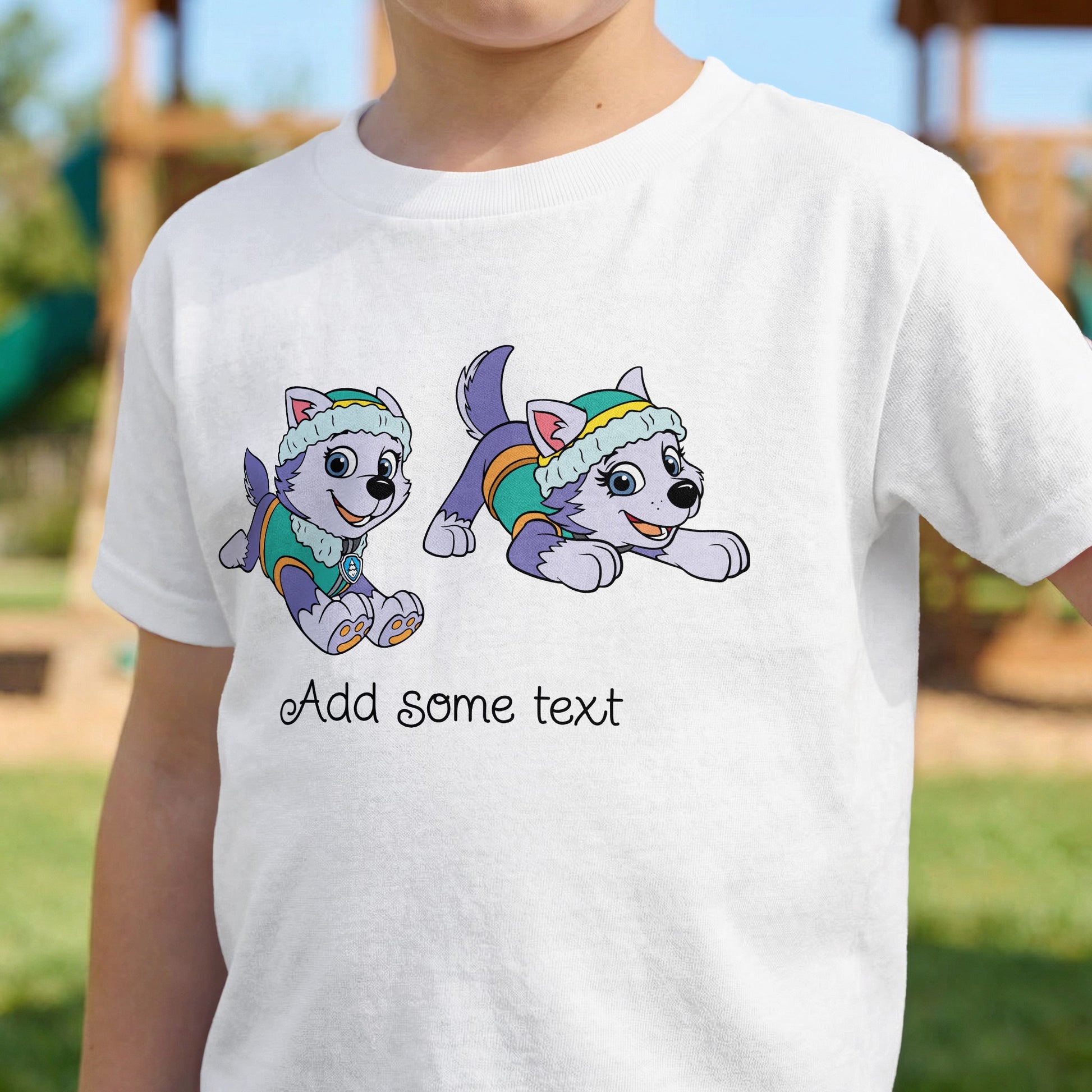 Two cartoon Huskies on a white t-shirt with text below.