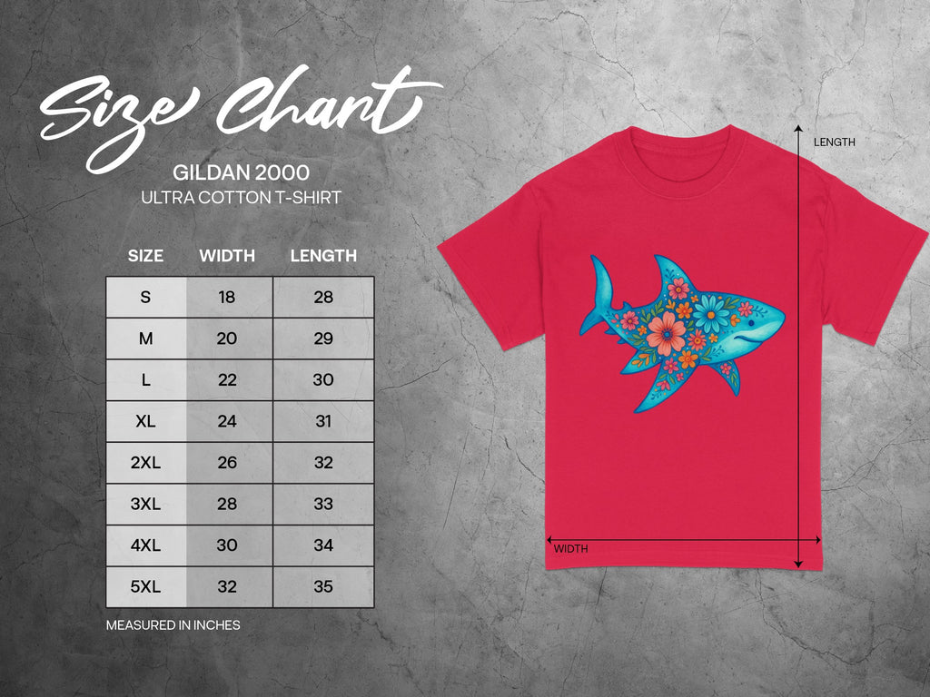 Gildan 2000 Ultra Cotton t-shirt size chart in inches with floral shark graphic.