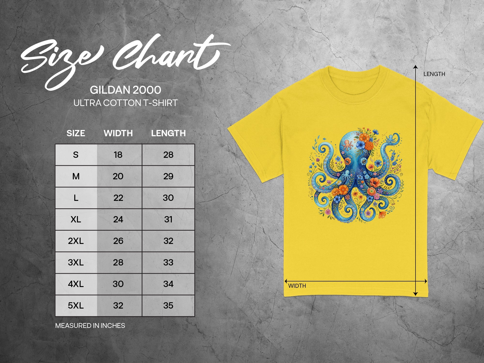 Gildan 2000 Ultra Cotton T-shirt size chart with measurements in inches for size, width, and length.