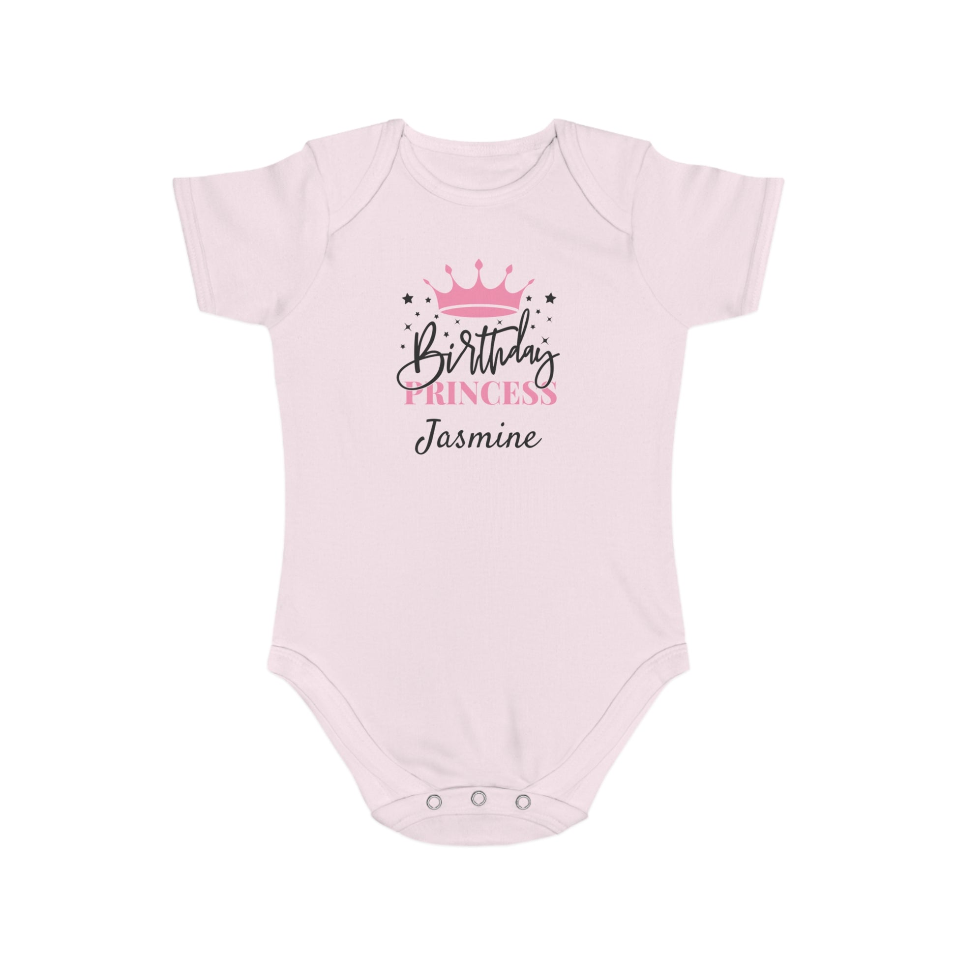 Light pink baby onesie with "Birthday Princess Jasmine" text and crown graphic.