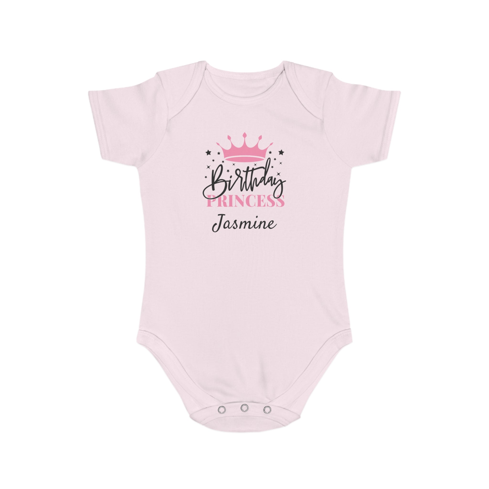 Light pink baby onesie with "Birthday Princess Jasmine" text and crown graphic.