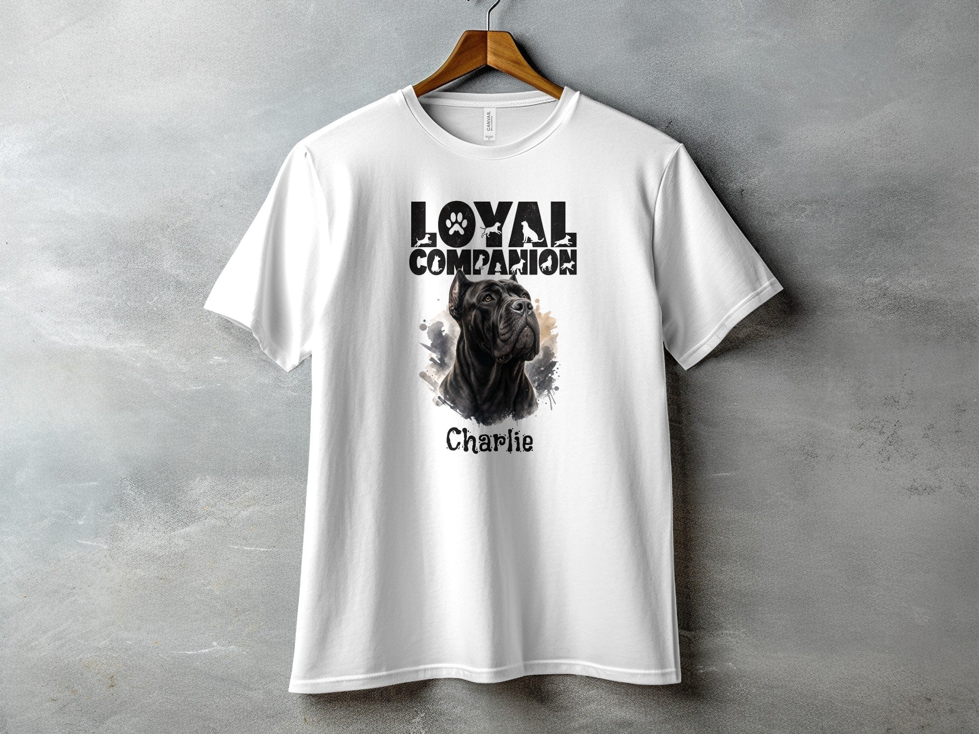White t-shirt with "Loyal Companion" text and a black dog portrait named Charlie.