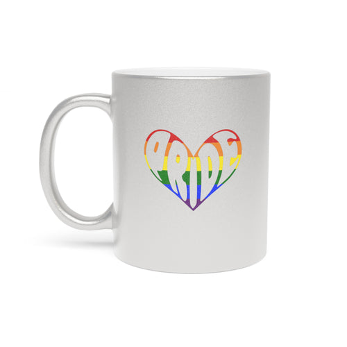 Silver mug with rainbow heart graphic containing the word "PRIDE".