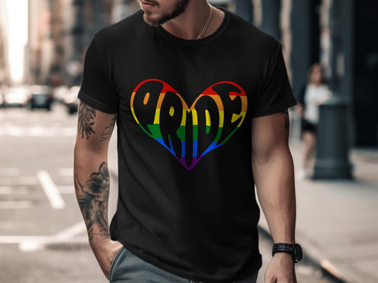 Black t-shirt with colorful rainbow pride heart graphic on chest.