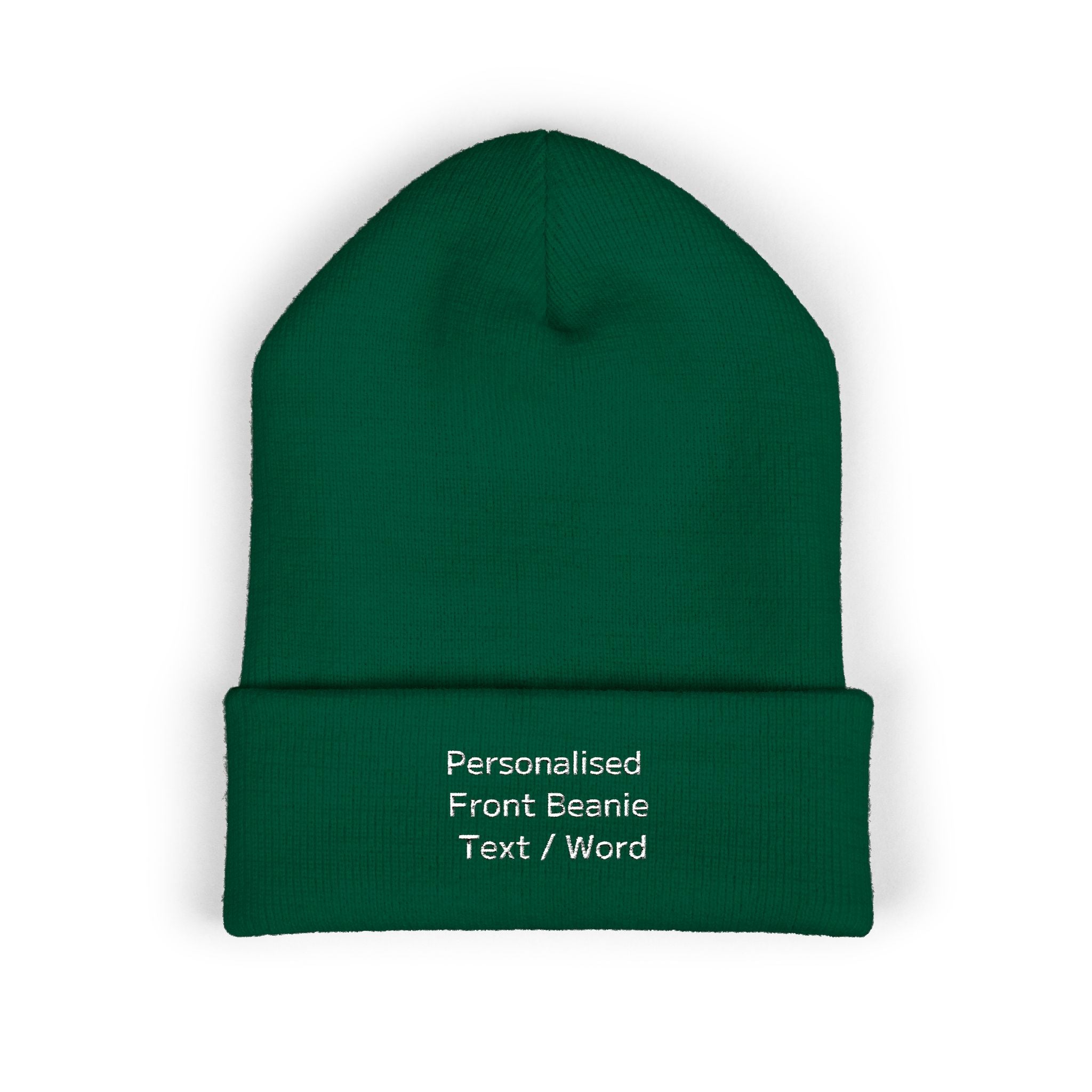 Dark green ribbed beanie with white text "Personalised Front Beanie Text / Word".