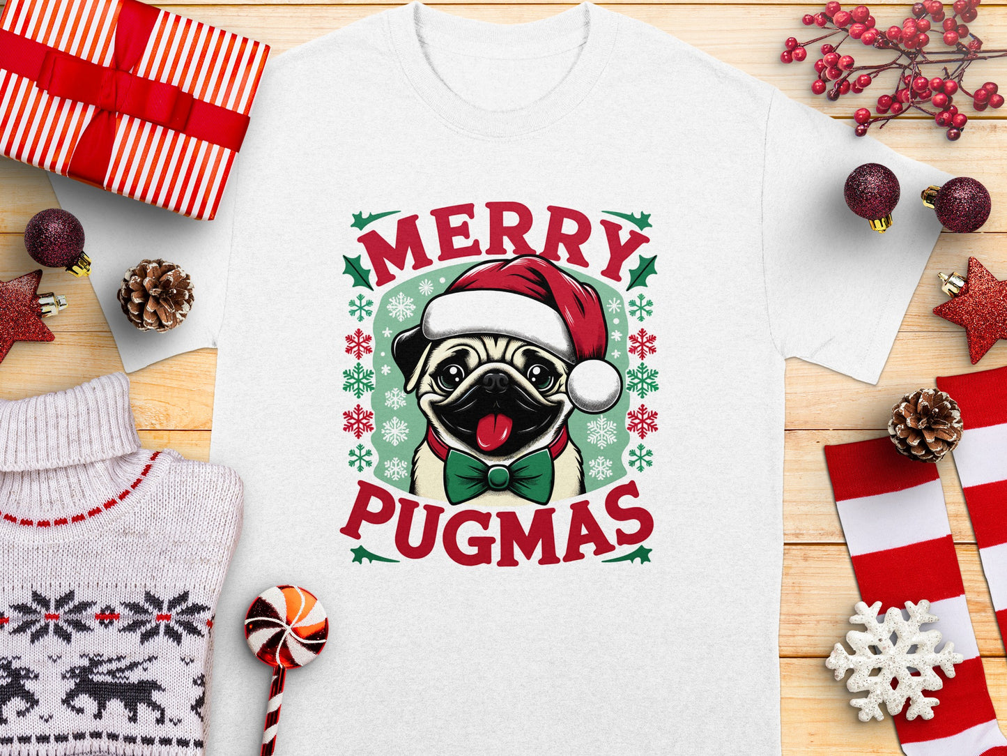 Merry Pugmas Santa Hat Pug Cute Holiday Shirt