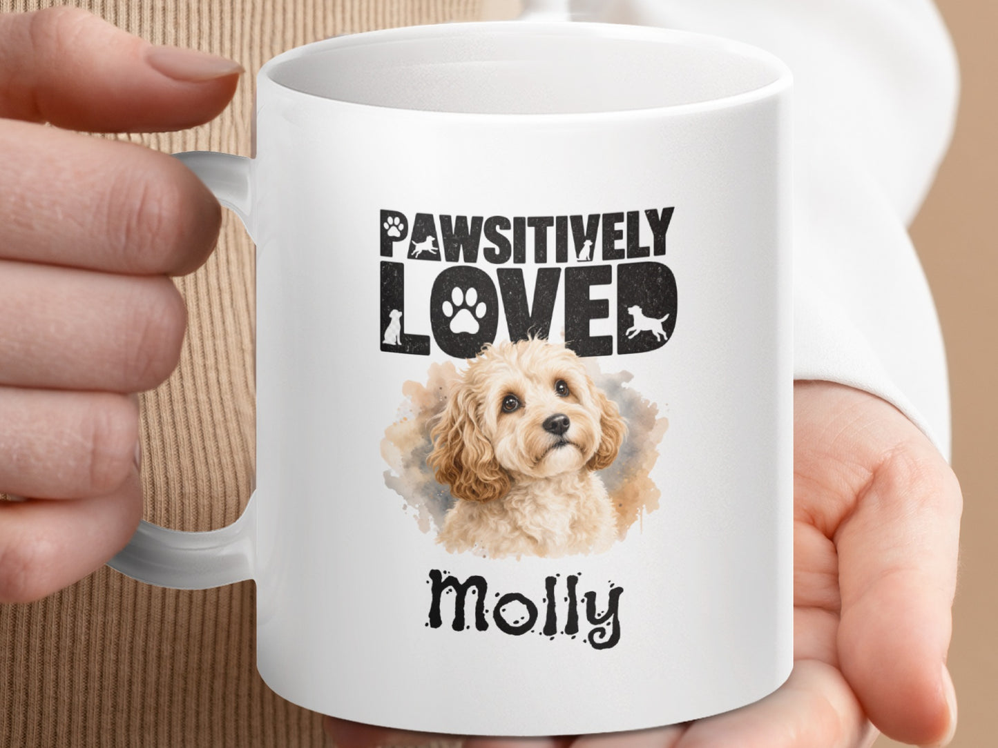 White mug with "Pawsitively Loved Molly" text and a drawing of a fluffy dog.