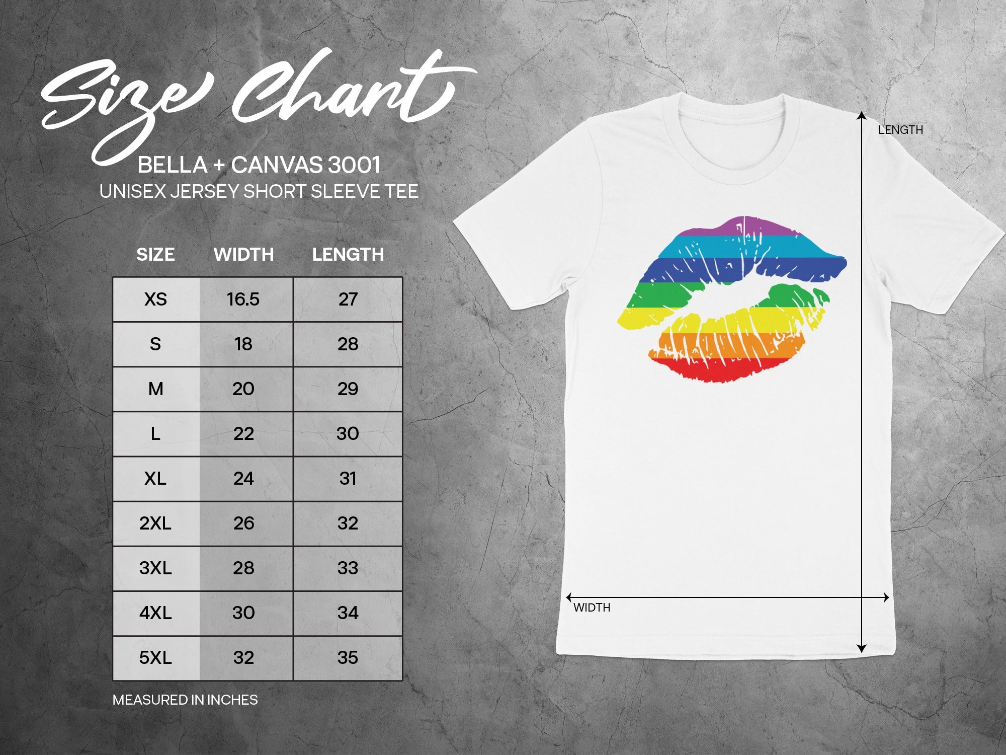 Size chart showing Bella + Canvas 3001 unisex tee dimensions with rainbow kiss graphic.