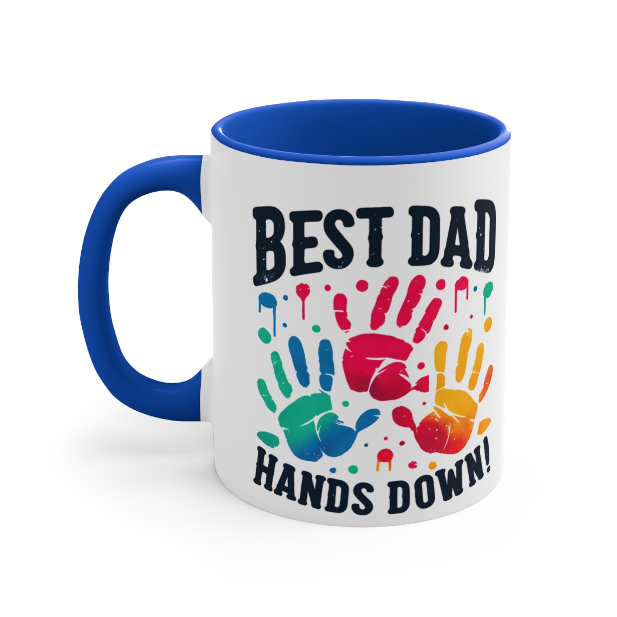 Mug with "BEST DAD HANDS DOWN!" and colorful handprints.