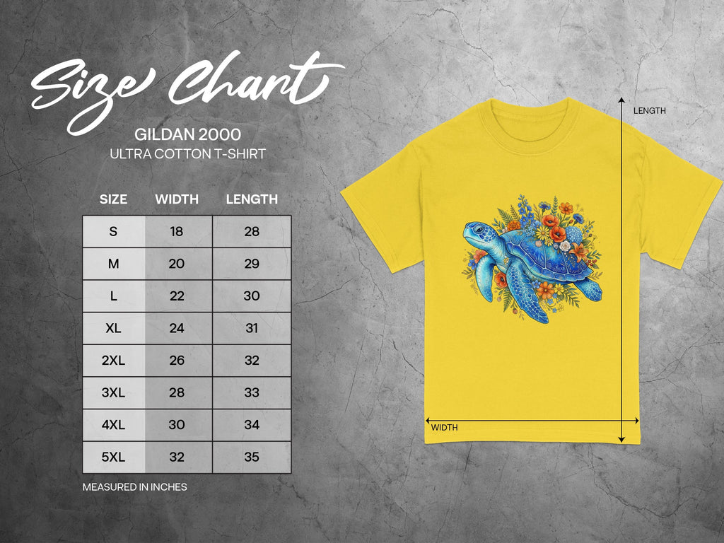 Gildan 2000 size chart with width and length measurements for t-shirts.