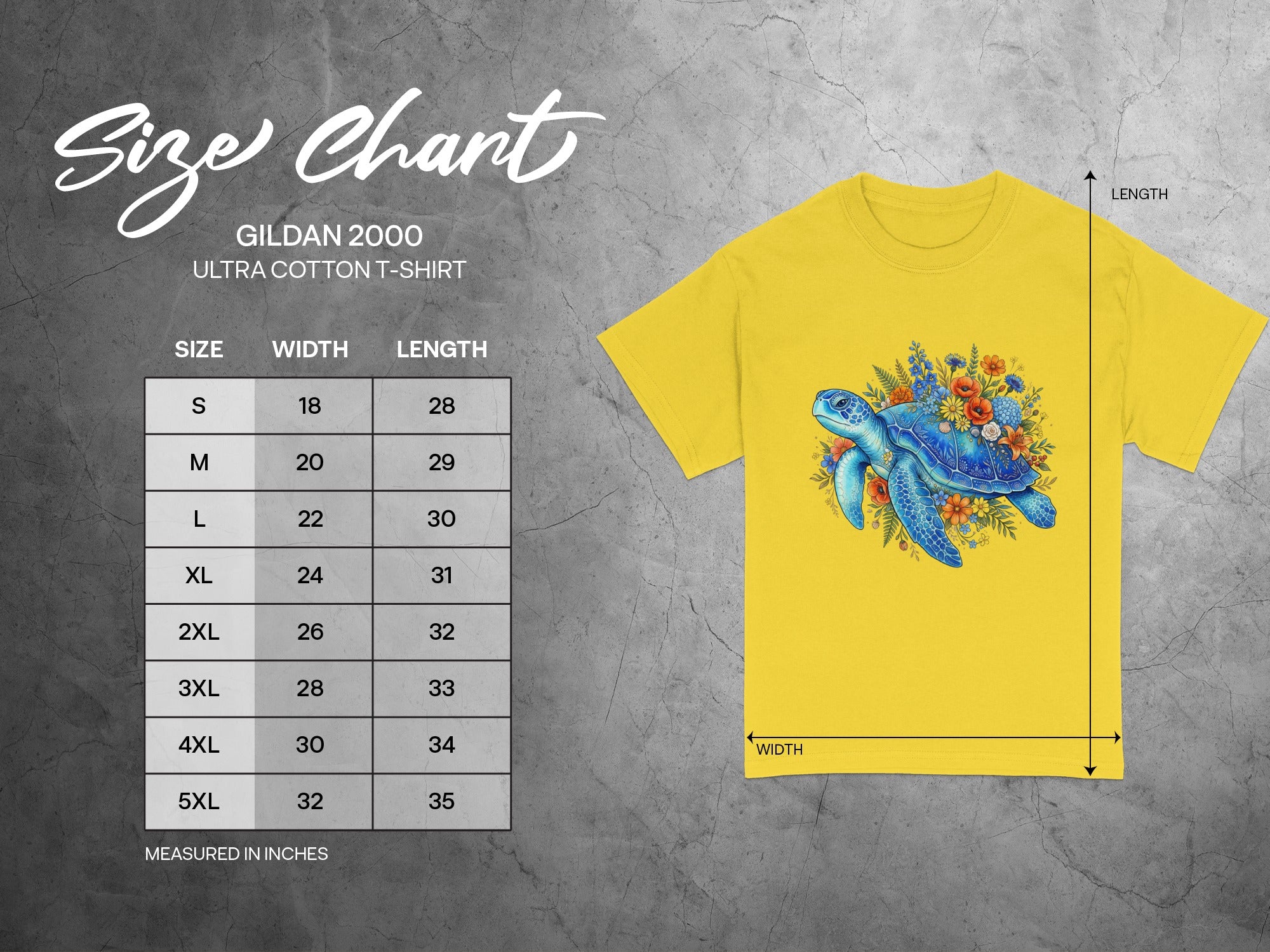 Gildan 2000 size chart with width and length measurements for t-shirts.