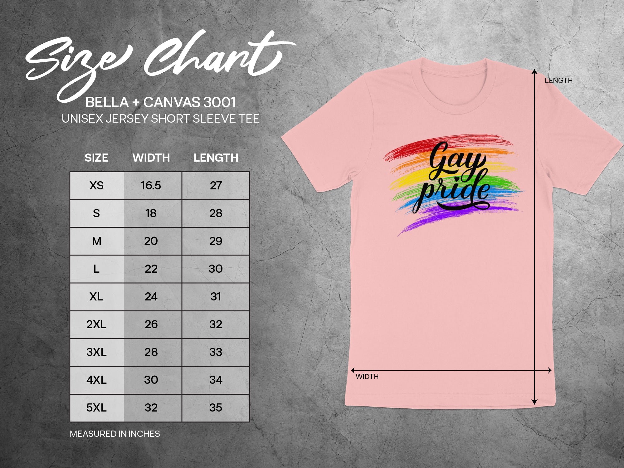 Bella + Canvas 3001 unisex tee size chart for garment width and length in inches.