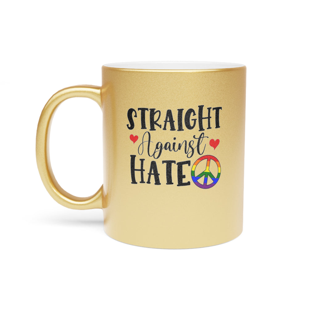 Gold mug with "Straight Against Hate" text and rainbow peace sign.