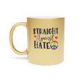 Gold mug with "Straight Against Hate" text and rainbow peace sign.