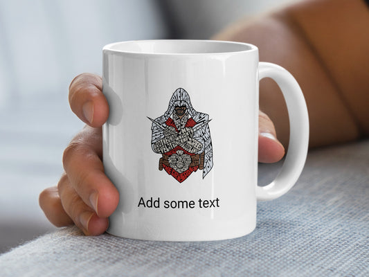 White mug with Assassin's Creed logo and "Add some text"
