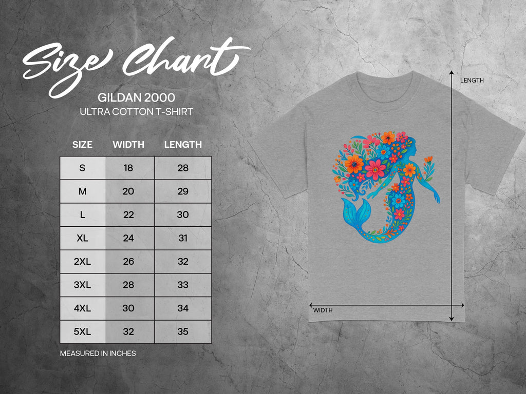 Gildan 2000 Ultra Cotton t-shirt size chart with width and length measurements in inches.