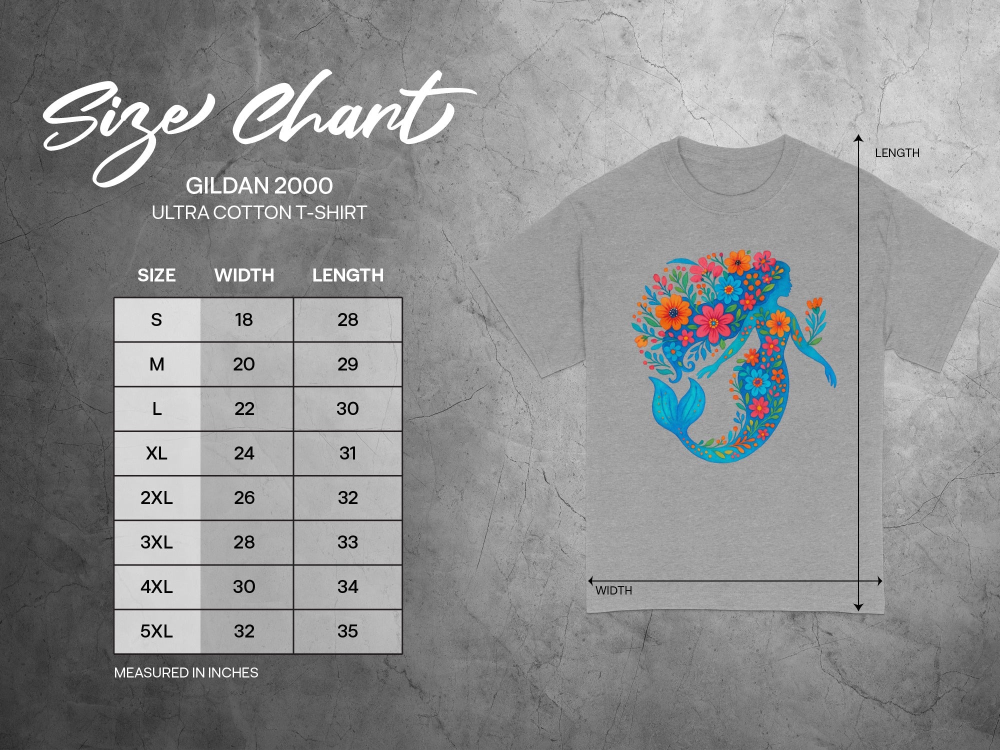 Gildan 2000 Ultra Cotton t-shirt size chart with width and length measurements in inches.