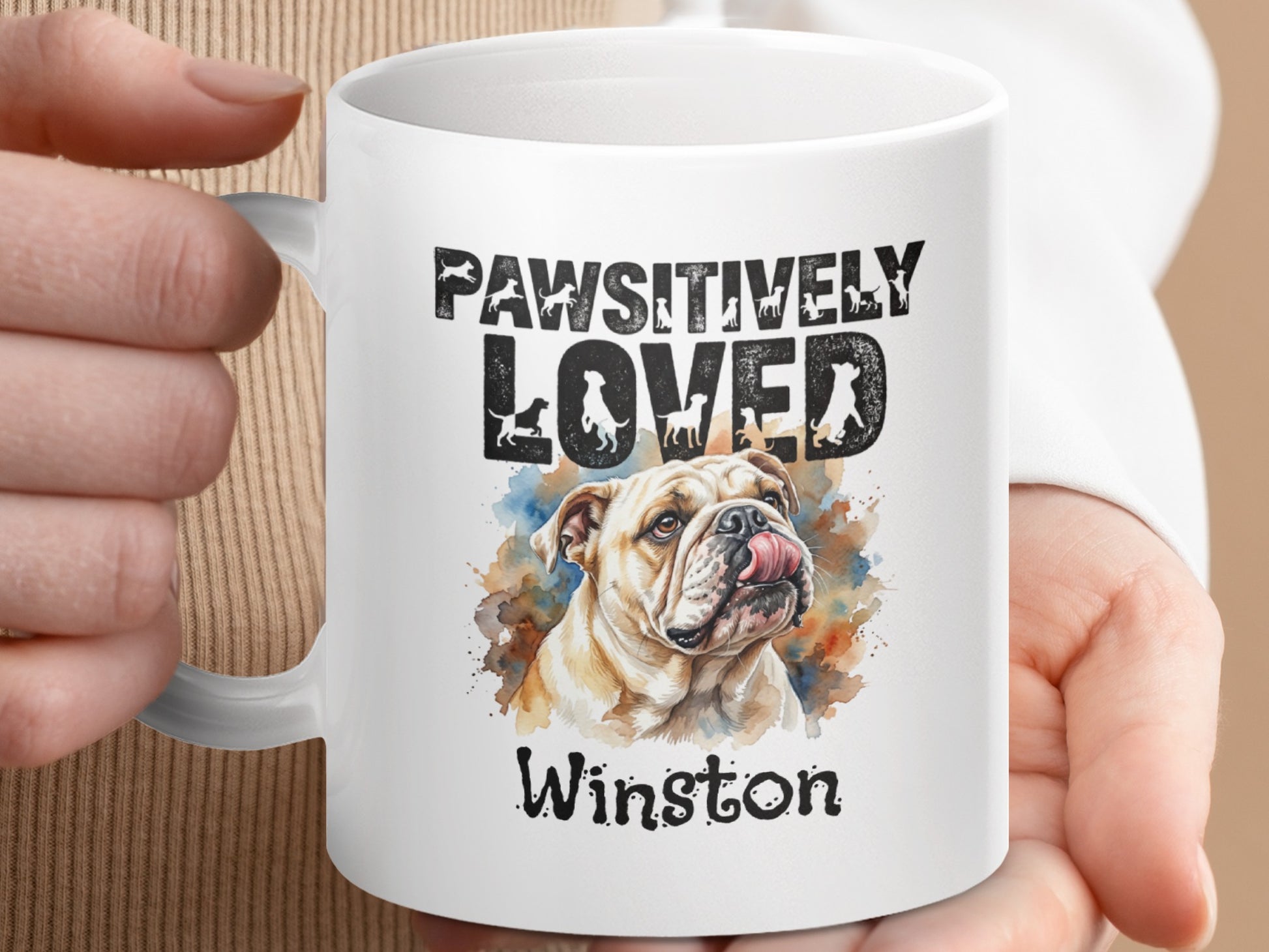 White mug with "PAWSITIVELY LOVED" and bulldog art named Winston.
