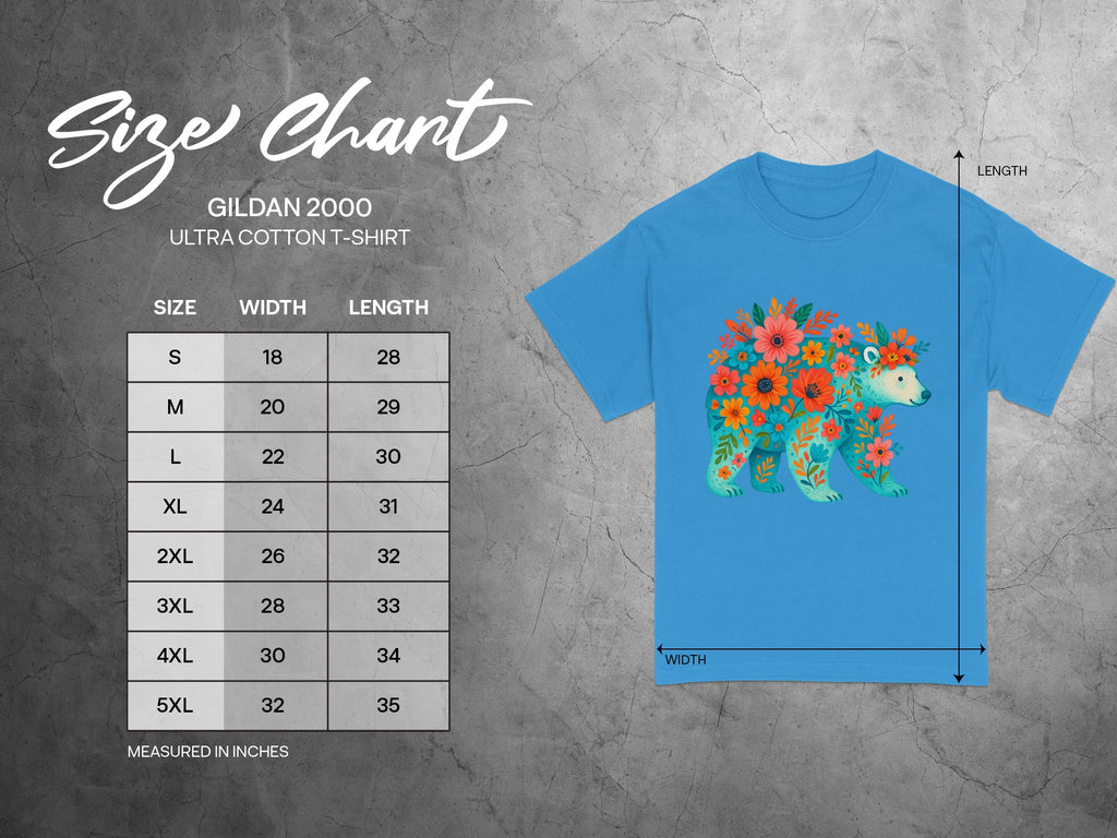 Gildan 2000 Ultra Cotton t-shirt size chart with width and length measurements.