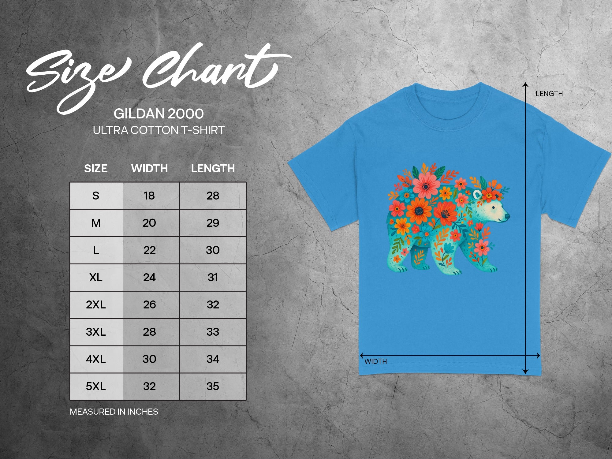 Gildan 2000 Ultra Cotton t-shirt size chart with width and length measurements.