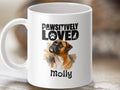 White mug with boxer dog portrait and text "PAWSITIVELY LOVED" and "Molly".