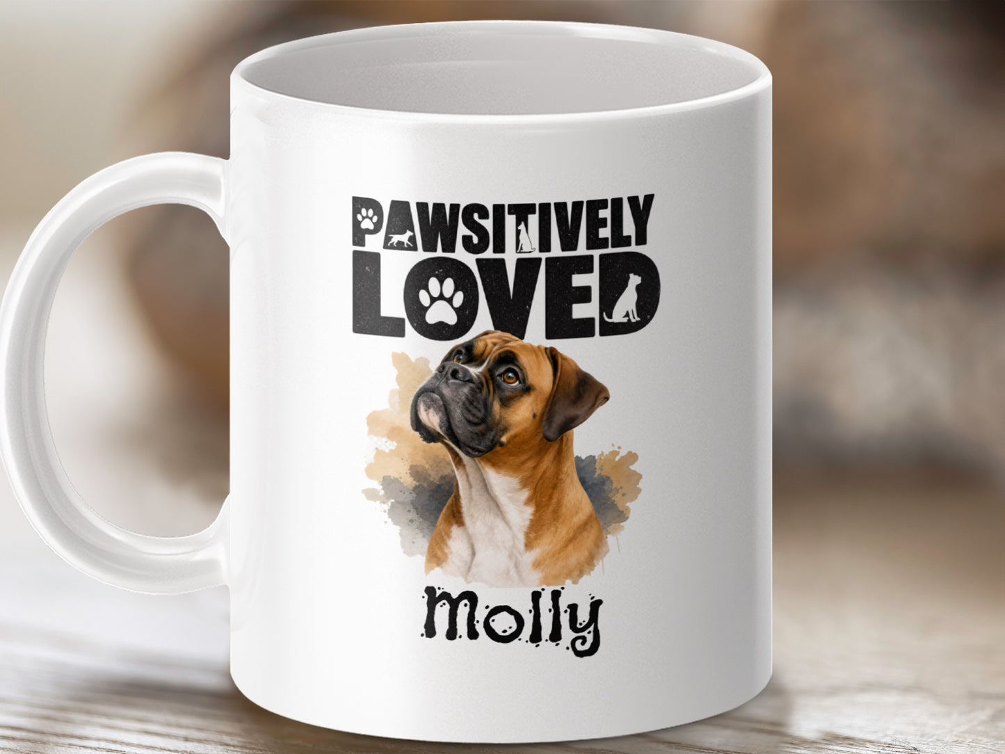 White mug with boxer dog portrait and text "PAWSITIVELY LOVED" and "Molly".