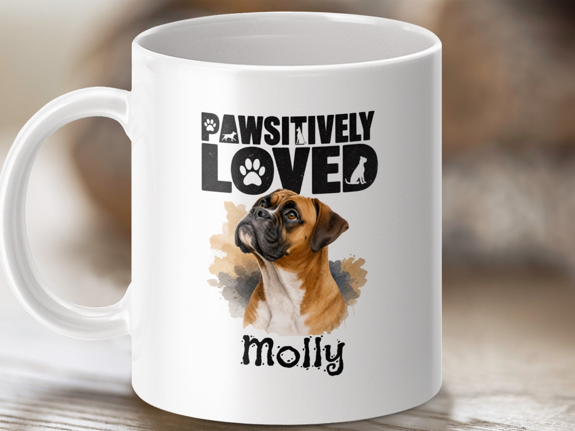 White mug with boxer dog portrait and text "PAWSITIVELY LOVED" and "Molly".