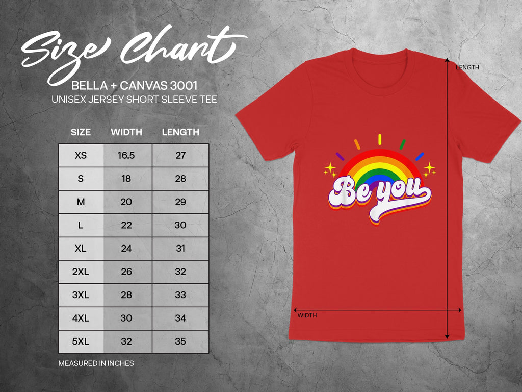Bella + Canvas 3001 unisex tee size chart with width and length measurements in inches.
