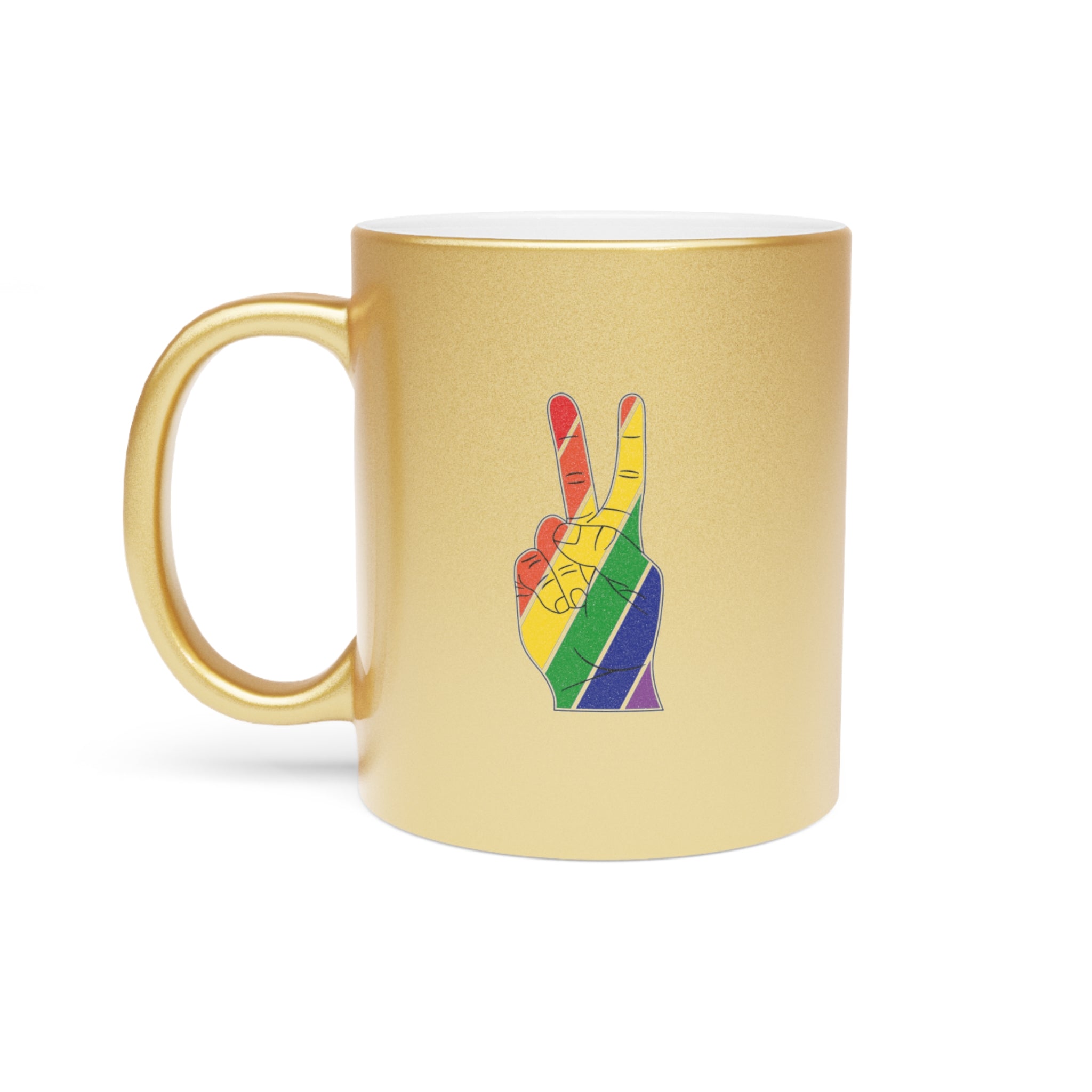 Gold mug with rainbow peace sign design