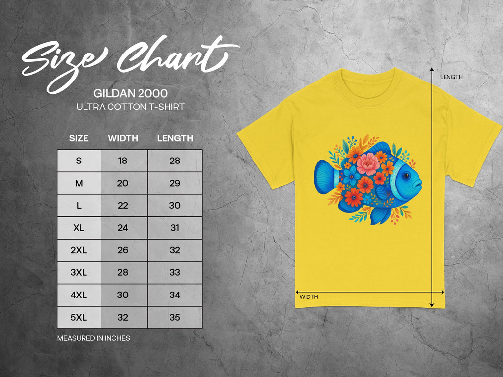 Gildan 2000 Ultra Cotton T-shirt size chart with width and length measurements in inches.